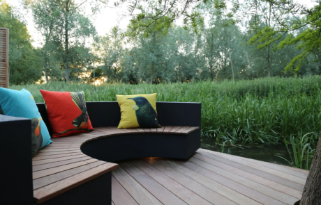 A modern courtyard garden in a dramatic setting.