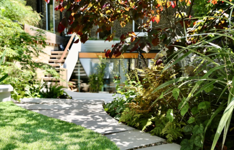 A shady London garden was with limestone paving and splashes of colour