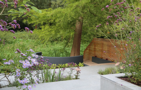 A modern courtyard garden in a dramatic setting.