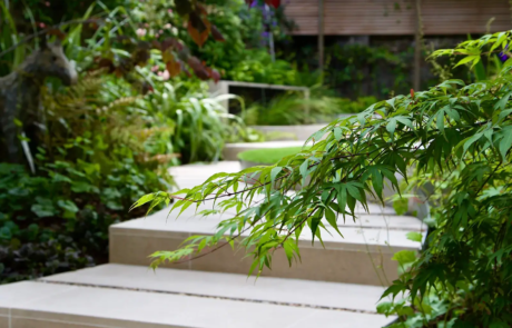 A shady London garden was with limestone paving and splashes of colour