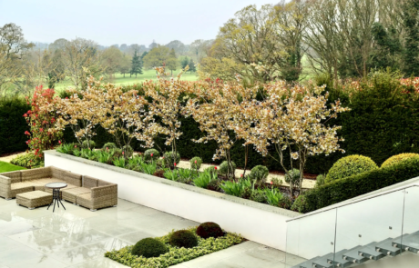 An elevated garden in Hertfordshire with expansive views to a borrowed landscape.