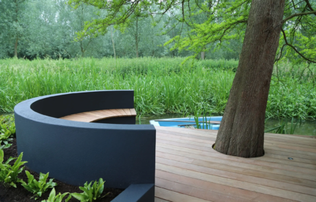 A modern courtyard garden in a dramatic setting.