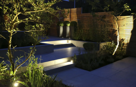 A modern courtyard garden in a dramatic setting.