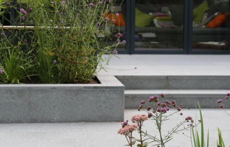 A modern courtyard garden in a dramatic setting.