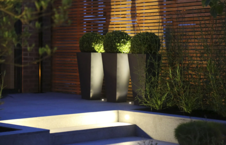 A modern courtyard garden in a dramatic setting.