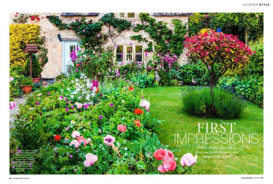 Magazine Image of a bright colourful garden with the text "First Impressions - Follow these expert tips to give your front of house some serious kerb appeal"