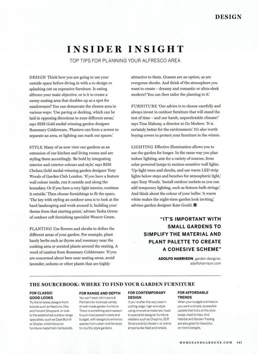 Homes & Gardens August 2019 "Insider insight - Top tips for planning your alfresco area" Magazine article page