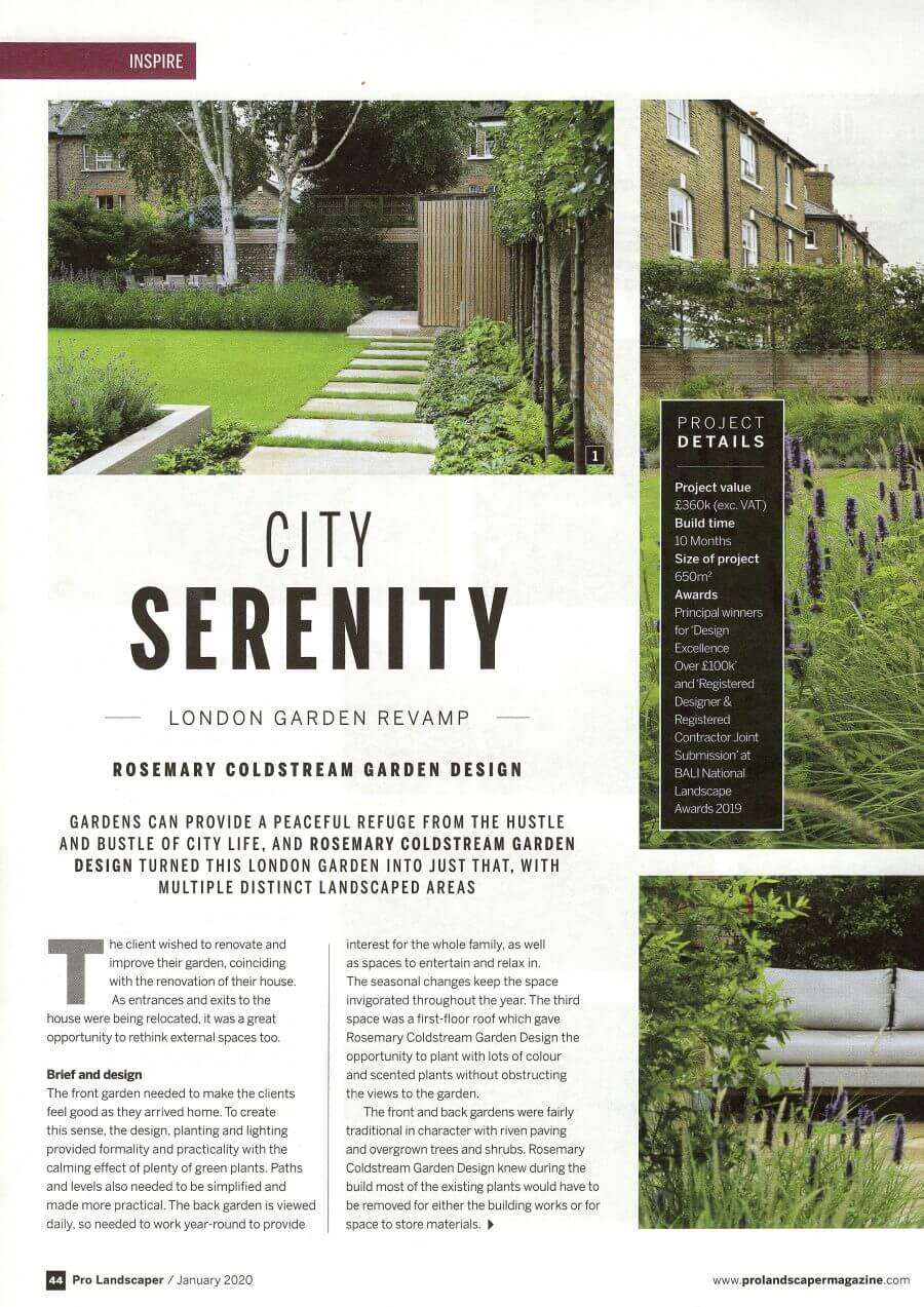 Pro Landscaper January 2020 "City Serenity - London Garden Revamp - Rosemary Coldstream Garden Design" Magazine article page