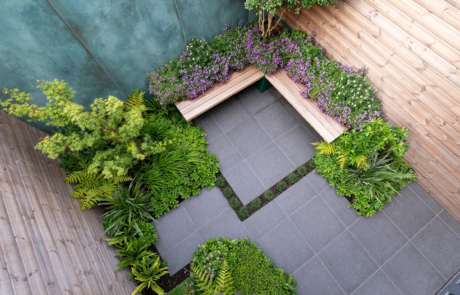 An aerial view of a stylish modern garden